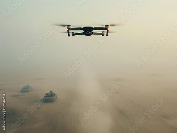 Obraz Drone flying over a battlefield, with tanks in the background