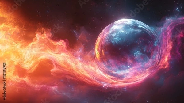 Fototapeta Dynamic Emotional Surge Represented by a Radiant Orb in Chaotic Colorful Patterns and Intense Energy