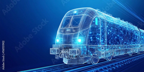 Fototapeta Glowing wireframe train speeds through a digital landscape of neon blue at twilight