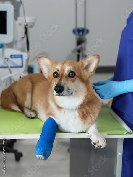 Fototapeta Cute Pembroke Welsh Corgi dog with a broken leg in cast lying on the veterinarian table, injured dog 