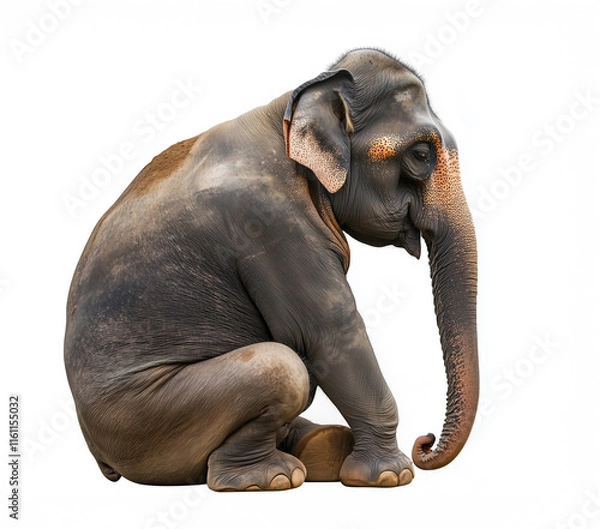 Fototapeta Elephant sitting with curled trunk in a serene pose on a plain background