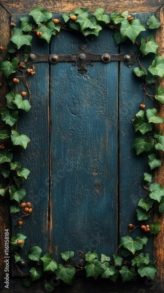 Fototapeta Rustic Wooden Background with Ivy Frame and Metal Hinge