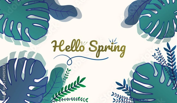 Fototapeta Hello Spring hand drawn illustration. Season lettering for greeting card, poster, banner, invitation, brochure, voucher discount. Spring background with colorful flower and leaf. Spring time.