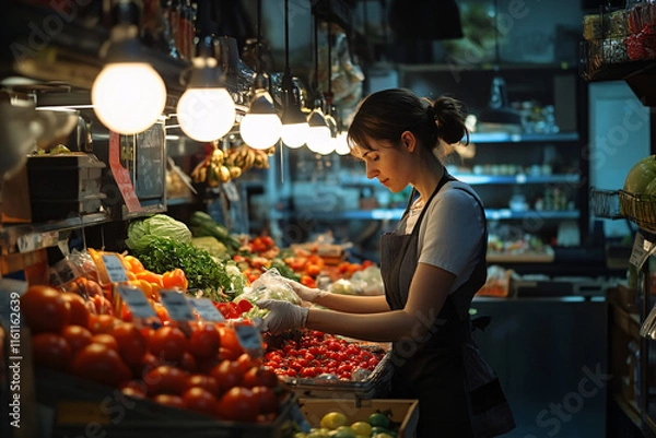 Fototapeta Customer Browsing Supermarket Aisle with Fresh Produce and Groceries Under Warm Ambient Lighting