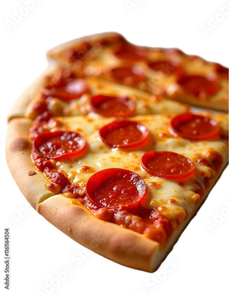 Fototapeta Close-up of a melted pizza slice with pepperoni.