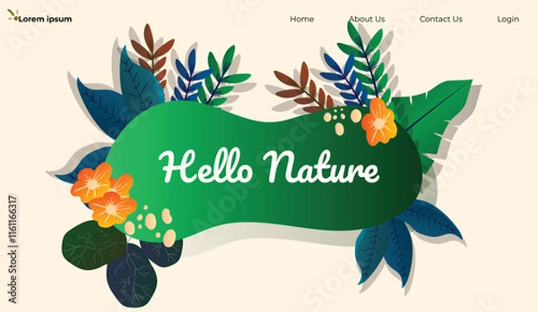 Obraz Hello spring. Spring abstract background, banner, poster with spring flowers and leaves. Spring leaves. Modern trendy colorful design. Template for advertising, web, social media.