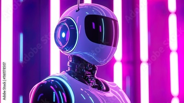 Fototapeta A futuristic robot with a sleek, glossy surface and a minimalist design stands prominently against a backdrop of vibrant neon lights in purple and blue hues. The robot's head features a large, reflect