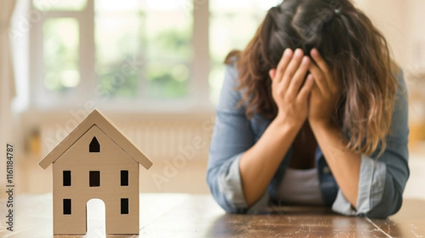 Fototapeta Wooden house, representing real estate. In the background, a person with his hands on his head, real estate crisis and depression caused by economic and housing problems.