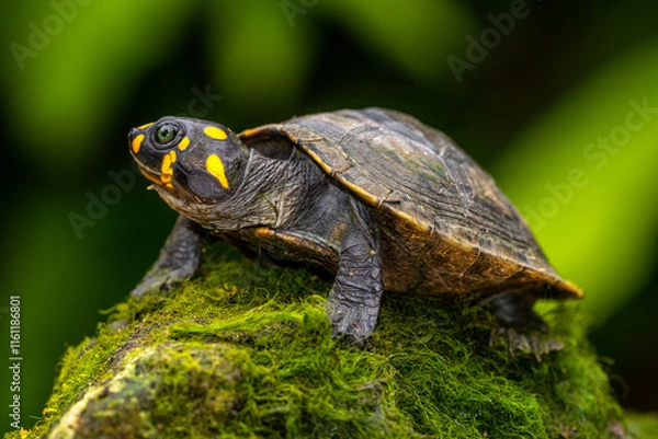 Fototapeta The yellow-spotted Amazon river turtle (Podocnemis unifilis), also known commonly as the yellow-headed sideneck turtle and the yellow-spotted river turtle, and locally as the taricaya, is one of the l