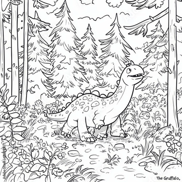 Fototapeta Dino in the Woods: A charming illustration of a friendly dinosaur strolling through a lush forest, perfect for children's books, coloring pages, or educational materials.
