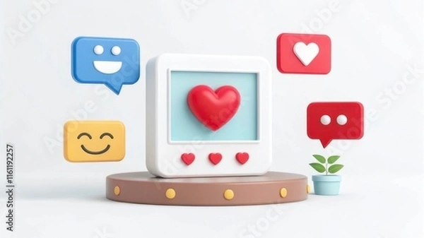 Fototapeta A colorful 3D illustration featuring a computer screen with a heart symbol, surrounded by social media reaction icons and a small plant.