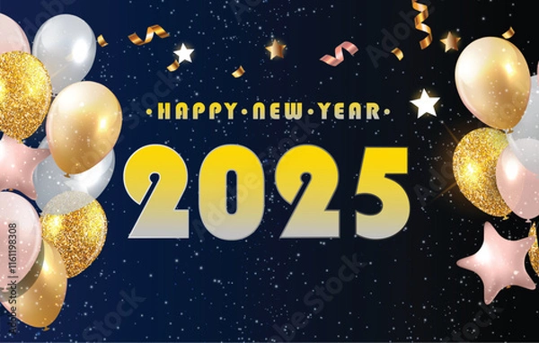 Obraz Elegant Happy New Year 2025 Celebration Banner with Balloons and Glitter on Dark Background