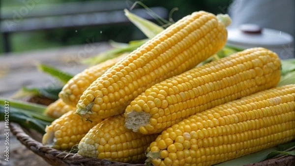 Fototapeta Fresh Yellow Corn Cobs at Local Market, Farm to Table Vegetables