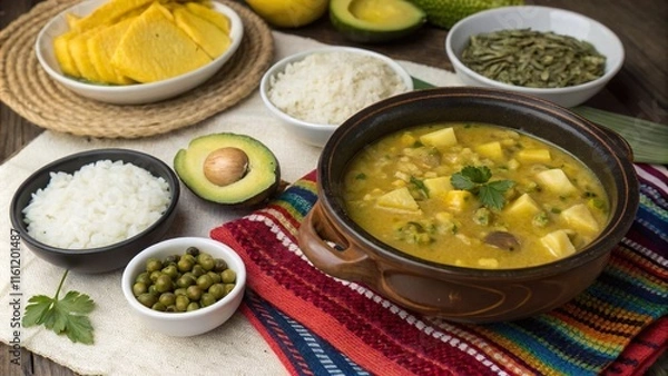 Fototapeta Traditional Colombian ajiaco served with avocado, rice, and green beans on a vibrant table spread