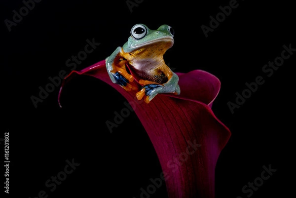 Fototapeta Rhacophorus reinwardtii is a species of frog in the family Rhacophoridae. It is variously known under the common names of black-webbed treefrog, green flying frog, Reinwardt's flying frog, or Reinward