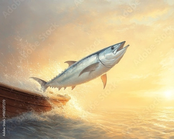 Obraz Tuna Jumping into Fishing Boat at Sunset