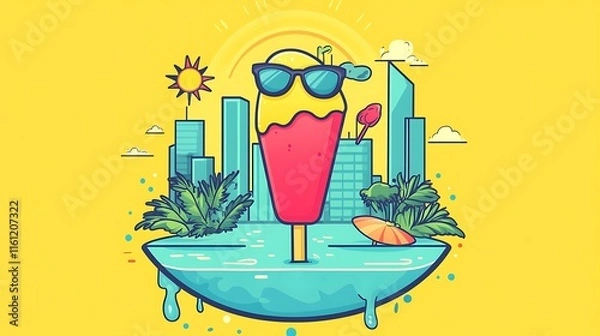 Obraz An ice cream bar with sunglasses, sun, and beach elements floating, songkran background