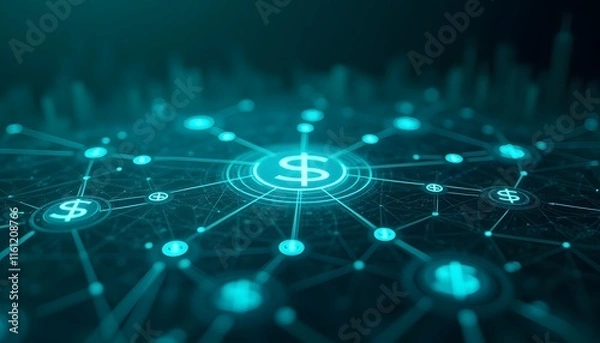 Fototapeta Abstract Online Network with Glowing Digital Money Currency Symbols.