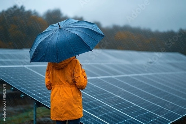 Fototapeta Person in Yellow Raincoat Stands in the Rain With Umbrella Observing Solar Panels in a Rural Area During a Cloudy Day