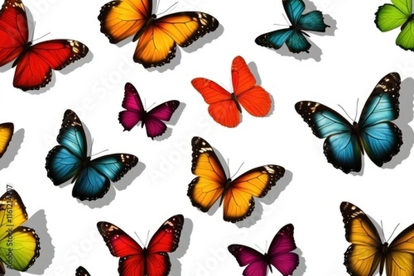 Fototapeta A cluster of vibrant butterflies perched on a clean white surface