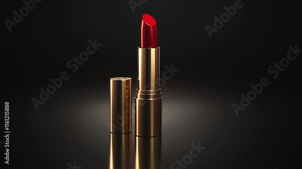 Obraz Elegant red lipstick in golden tube showcased against dark background with soft illumination