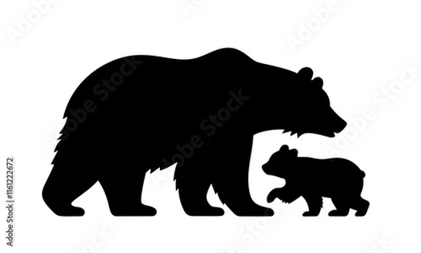 Fototapeta Silhouettes of a mother bear and her cub, isolated on a white background. Vector illustration