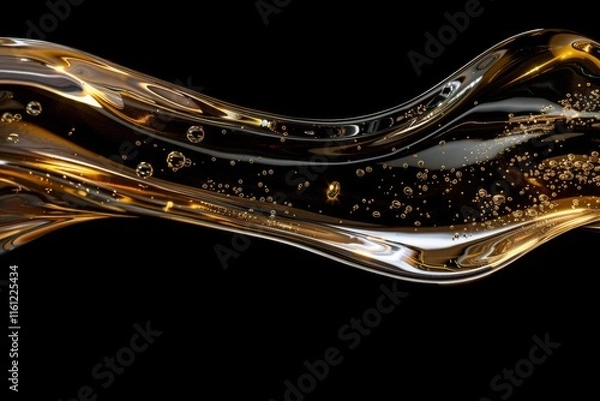 Obraz 3D rendering, golden liquid, metallic moving liquid spray, heart shaped gel, golden splash clip art, artistic paint, abstract design elements isolated on black background. Luxury Beauty Concept