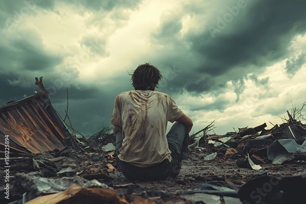 Fototapeta Boy Sitting on Debris in a Desolate Area Under a Dramatic Sky Filled With Dark Clouds, Suggesting a Post-Disaster Scene