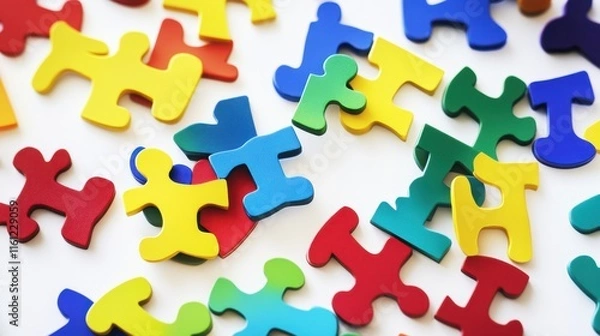 Fototapeta Colorful assorted puzzle pieces spread on white surface