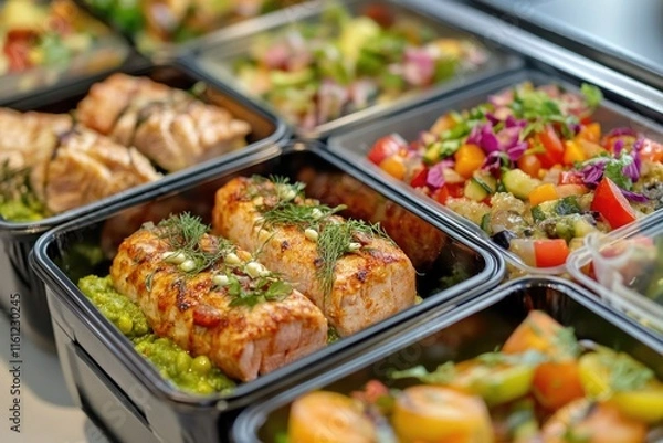 Fototapeta A close-up shot of four trays of diverse food, ready for serving or display
