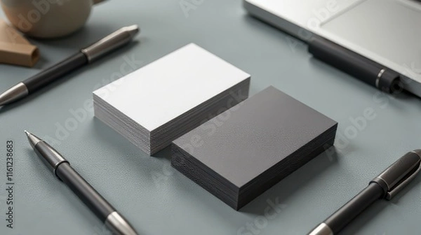 Fototapeta Elegant gray and white business cards stacked on a desk surrounded by pens and a laptop, highlighting professional networking essentials