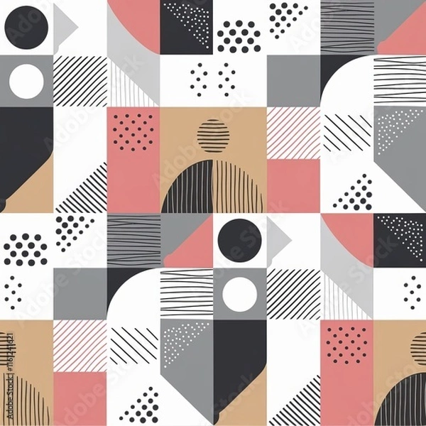 Fototapeta A modern, minimalist European illustration of a pattern targeted at working women. The pattern combines geometric and organic shapes, enhanced with lines and dots ai generated 