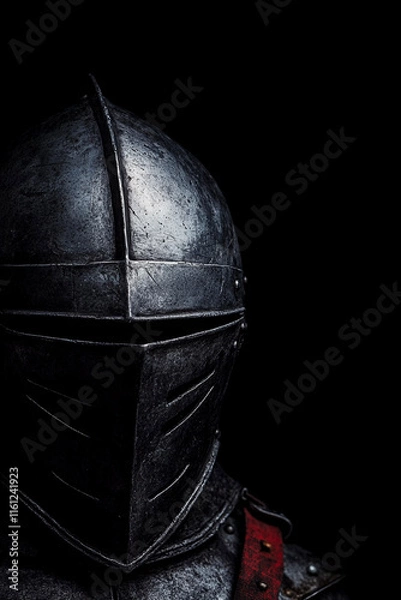 Obraz Historical knight in weathered armor standing against a dark backdrop with dramatic lighting effects. Generative AI