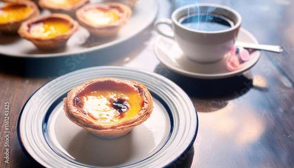 Obraz Custard pies or Pasteis de nata, typical pastry from Lisbon, Portugal. Egg tart served on an ornate plate with blue and white patterns and coffee cup, set against a rustic backdrop. Generative Ai