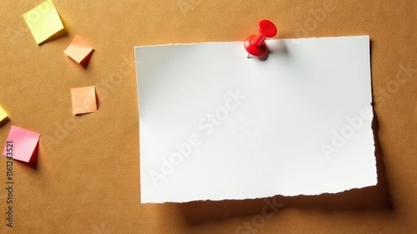 Fototapeta Blank white paper pinned on a corkboard with colorful sticky notes creates a vibrant and organized office setup