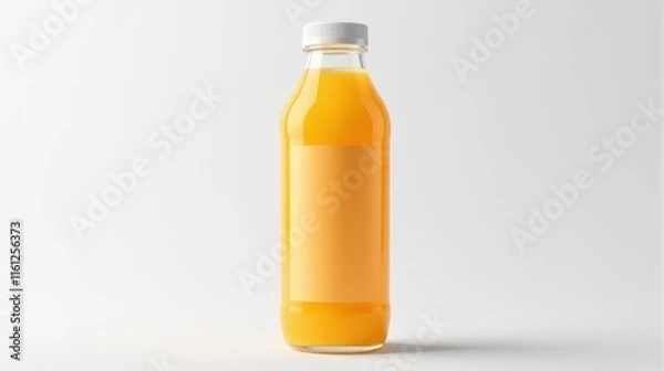 Fototapeta Clear glass bottle filled with bright orange juice against a white background, highlighting the vibrant color and freshness of the beverage