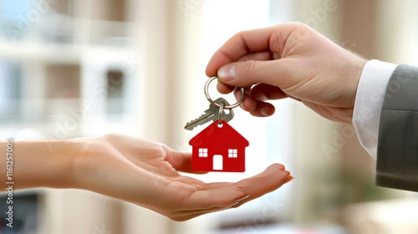 Fototapeta A real estate consultant hands over the keys with a key ring in the shape of a house to another person. Buying, selling or renting a property, symbolizing a new beginning or the transfer of a home.