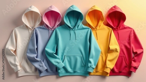 Fototapeta Three pastel-colored hoodies are neatly displayed against a soft gradient background, showcasing variety in modern casual fashion