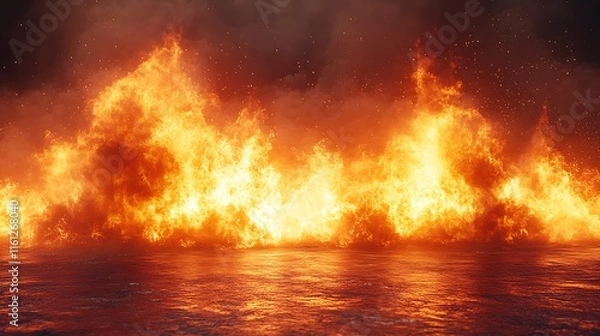 Fototapeta Majestic flames rise fiercely against the night sky, reflecting light on tranquil waters below