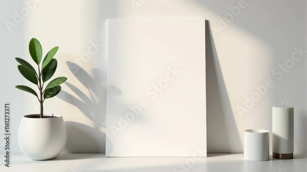 Fototapeta Minimalist setup featuring a blank canvas, potted plant, and lit candle on a wooden table with soft shadows cast on the wall