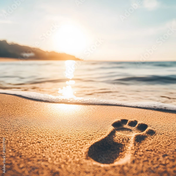 Fototapeta Sunrise over a calm ocean, with gentle waves lapping at the shore. In the foreground, a single pair of footprints is visible in the wet sand