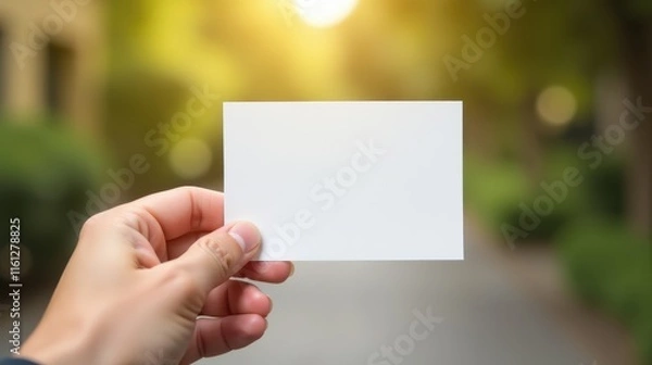 Fototapeta A hand holds a blank white card against a blurred natural background, offering space for custom text or design