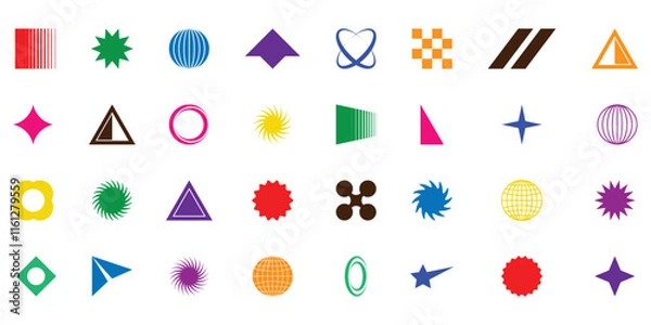 Fototapeta Y2K symbols. Collection of abstract graphic geometric symbols and objects, Templates for notes, posters, banners, stickers, business cards, logo. abstract geometric shapes vector.