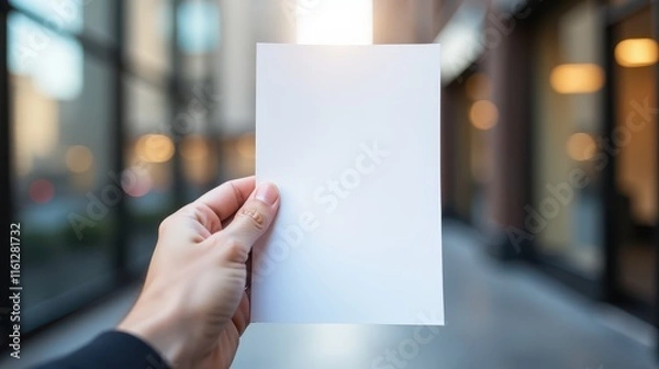 Fototapeta A person holds a blank sheet in focus against a blurred urban street scene with pedestrians