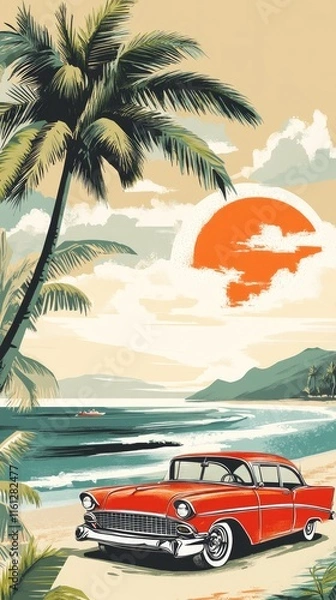 Fototapeta Classic Car Beach Sunset Tropical Paradise