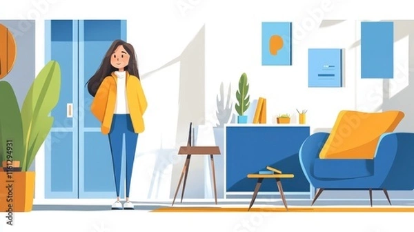 Fototapeta A Thoughtful Woman Standing Gracefully in a Cozy Room Surrounded by Lush Green Plants Bathed in Soft Natural Light Creating a Warm Inviting Atmosphere