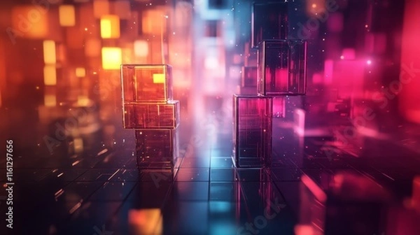 Fototapeta 3D prisms ripple into glowing vibrant geometric abstractions., Generative AI