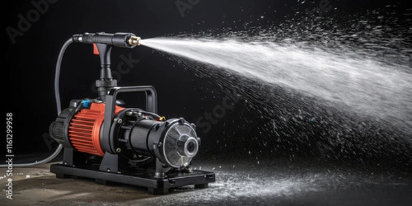 Fototapeta High-performance water pump sprays out a strong jet of water,making it dynamic and energetic.Contrast between the black background and the metallic parts highlights the functionality of the machine.AI