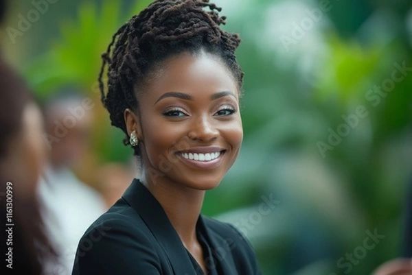 Obraz Presentation, success or applause of business people in a meeting for sales growth, goals or deal. Partnership, collaboration or happy black woman with smile or praise for a manager in, Generative AI