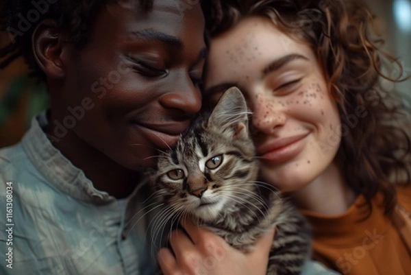 Obraz A joyful moment shared between two friends and their adorable cat, capturing love and connection in everyday life.
